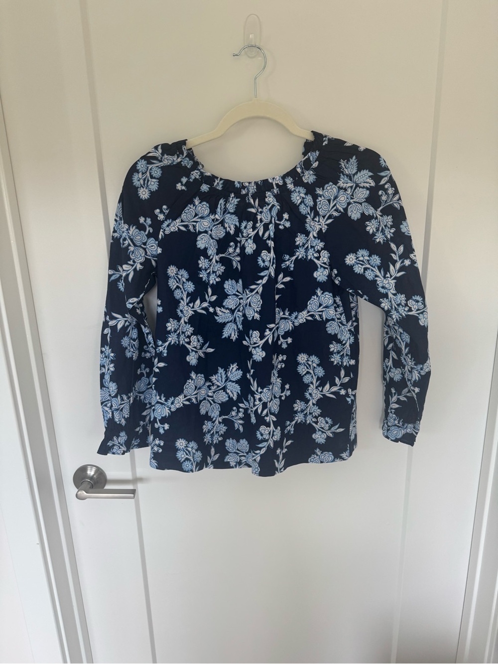 J. Crew Factory Navy Floral Ruffle-Neck Blouse